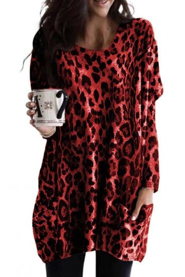 FASHIONABLE TUNIC WITH LONG SLEEVES, POCKETS AND LEOPARD PRINT DELANEY, RED