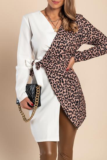 ELEGANT LEOPARD PRINT TUNIC WITH STRIPES TO TIE BELT - KEELY, WHITE