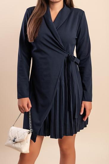 Elegant Mini Dress with Cross Neckline and Pleated Skirt Denver, Dark Blue
