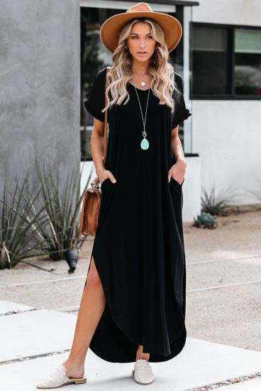 Long dress with a loose fit, V-neckline, short sleeves with ruffles and openings Mandelina, black