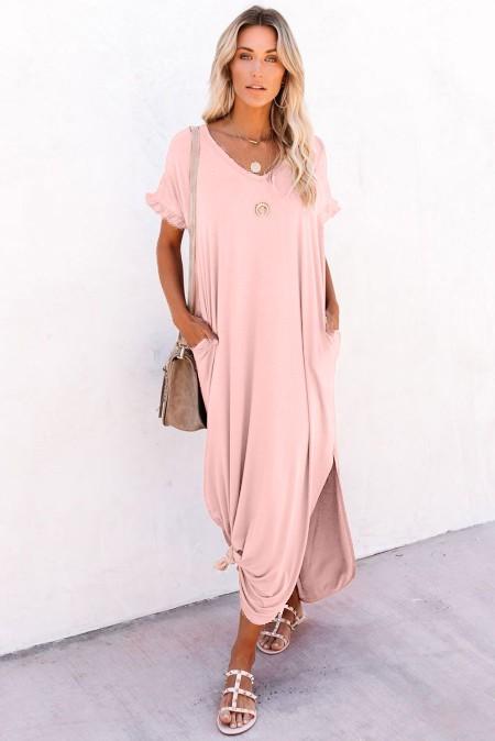 Long dress with a loose fit, "V" neckline, short sleeves with ruffles and openings Mandelina, pink