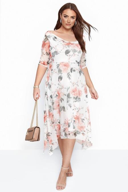 Midi dress with short sleeves and loose skirt with floral pattern, white