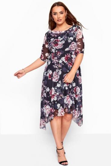 Midi dress with short sleeves and loose skirt with floral pattern Thiene, black