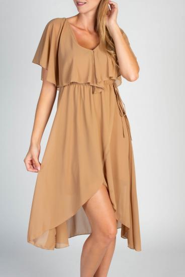 Elegant midi dress with ruffle and skirt in folding Barbados, beige