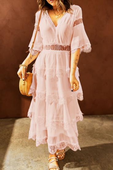 Elegant midi dress with Tiziana translucent lace inserts, pink