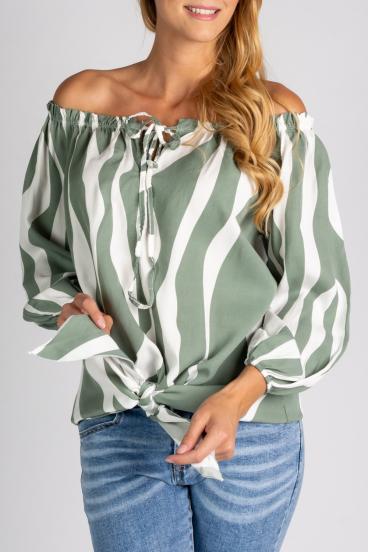 Loose blouse with open shoulders and strings for tying Inessa, olive-white
