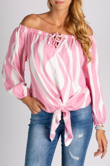 Loose blouse with open shoulders and strings for tying Inessa, white-pink