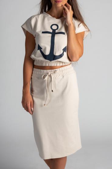 Fashion set of cropped T-shirt with anchor print Dari, beige