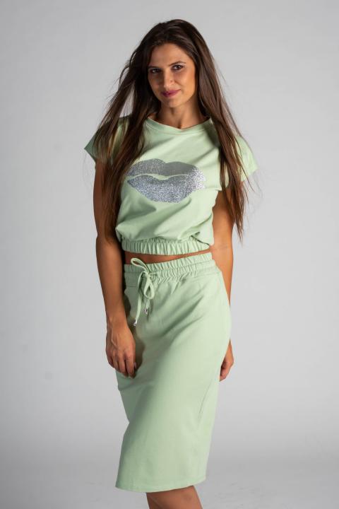 Fashionable set of cropped T-shirt with print Cleofe, mint