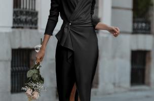 Elegant midi dress with ruffles and 3/4 sleeves and split skirt Brynlee, black