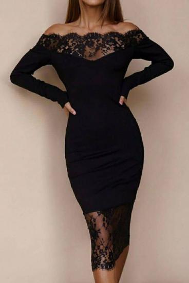 Elegant long sleeve midi dress with sheer lace detail Avignon, black