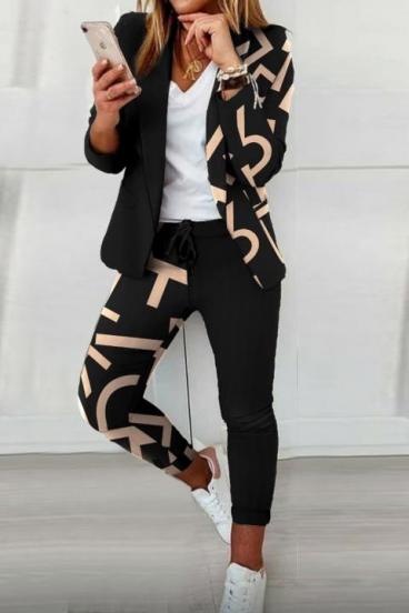 Trousers set with elegant blazer with letter print Estrena, black