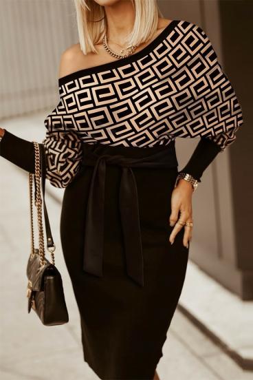 Bateau neckline elegant geometric print midi dress Serenna, black