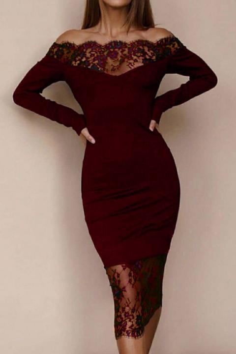 Elegant midi dress with long sleeves and detail of translucent lace Avignon, burgundy