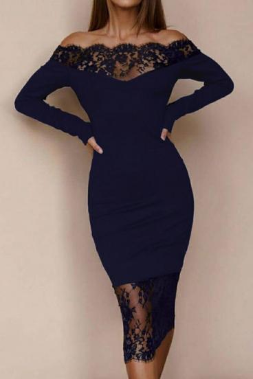 Elegant midi dress with long sleeves and translucent Avignon lace detail, dark blue