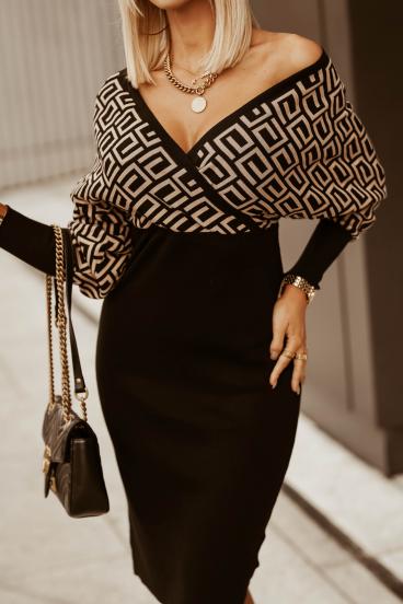 Elegant midi dress with geometric print and crossover neckline Sonda, beige