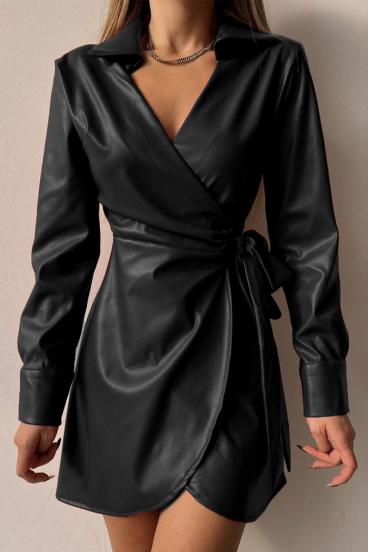 Elegant mini dress made of faux leather with folding Pellita, black