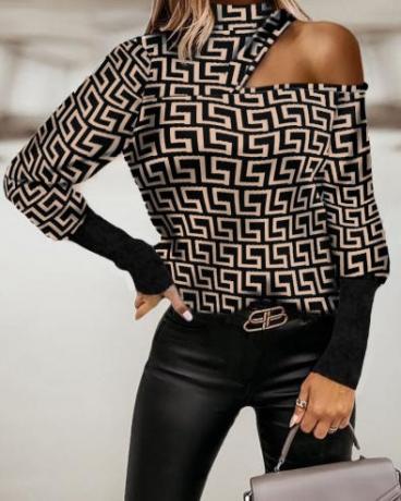Elegant T-shirt with geometric print and high neckline Venitya, beige