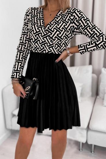 Elegant mini dress with pleated skirt and geometric print Leonessa, black