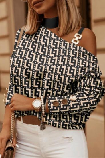Elegant T-shirt with asymmetrical neckline and geometric print Mathilde, black-beige