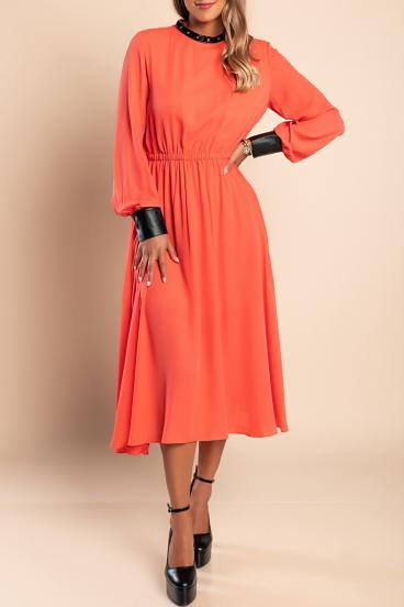 Faux leather Detail Elegant Midi Dress Plana, Pink