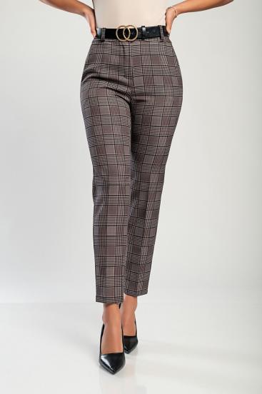 Elegant long trousers with check print Camarla, brown