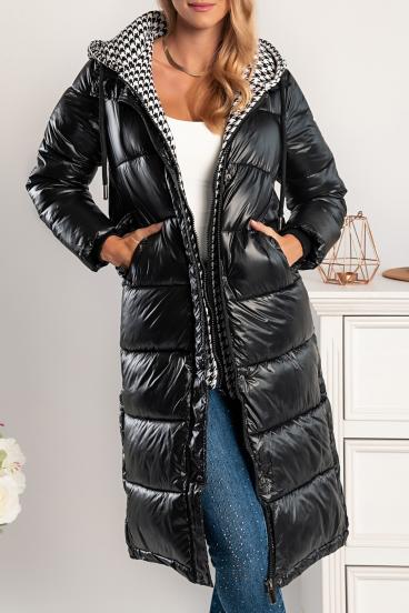 Moena long quilted jacket with detachable hood, black
