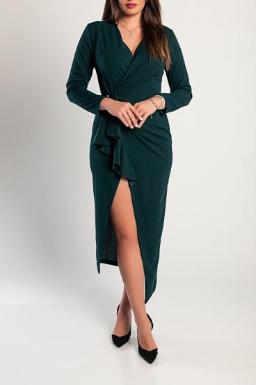 Elegant midi dress with wrap neckline, ruffles and 3/4 sleeves Brynlee, dark green