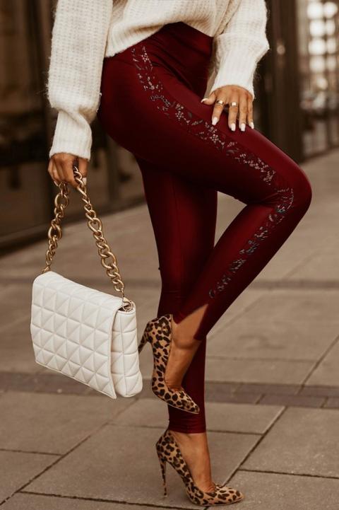 Elegant faux leather leggings with lace Margaretta, burgundy