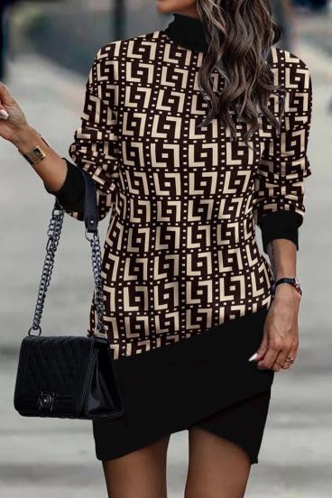 Elegant mini dress with geometric print Trina, black and beige