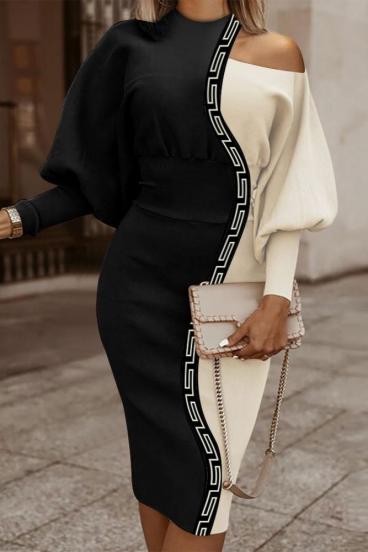 Elegant geometric print midi dress,black and beige
