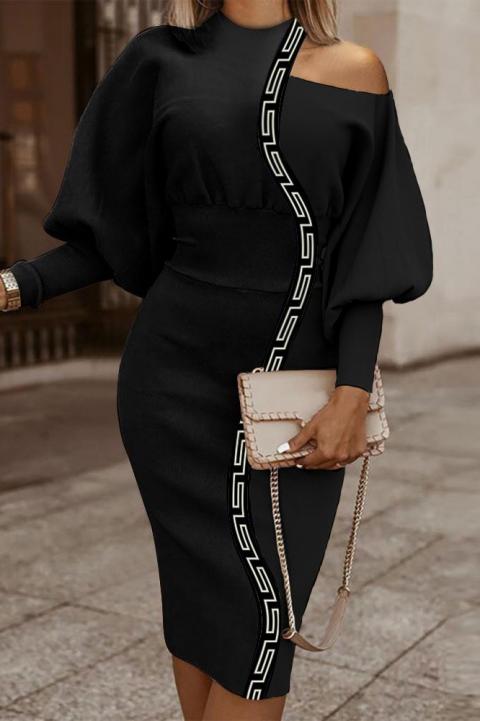 Elegant midi dress with geometric print, black