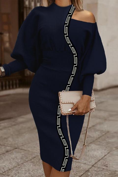 Elegant midi dress with geometric print, blue