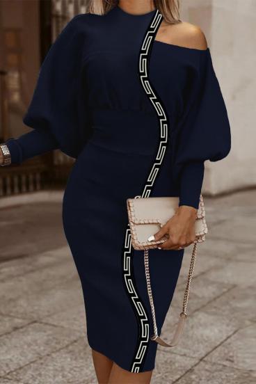 Elegant midi dress with geometric print, blue
