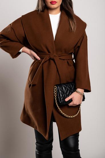 Elegant short coat with wide collar with lapel, brown