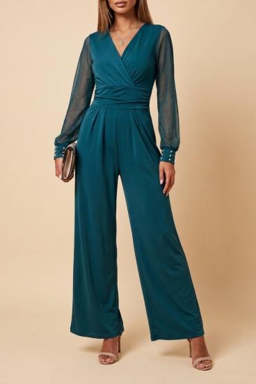 Elegant jumpsuit with "V" neckline Georgina, petrol
