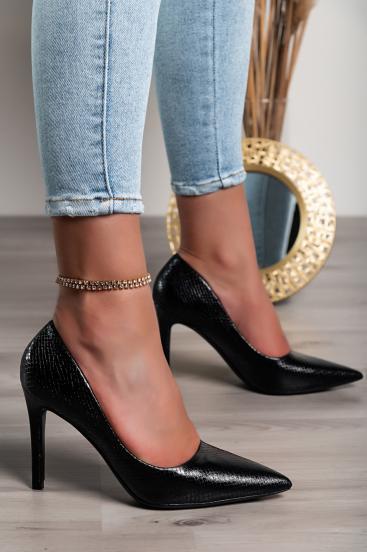 High-heeled shoes with snakeskin print, black