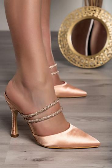 Heeled shoes with rhinestones, beige