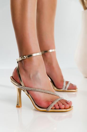 High-heeled sandals with rhinestones, gold