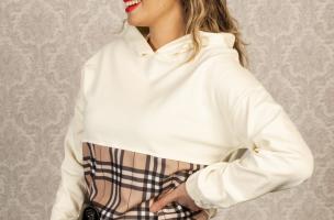 T-shirt with a hood and a fashionable checkered pattern Denia, cream
