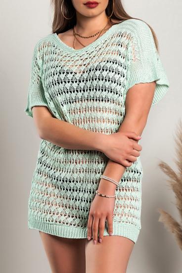 Knitted mini dress with short sleeves, light green