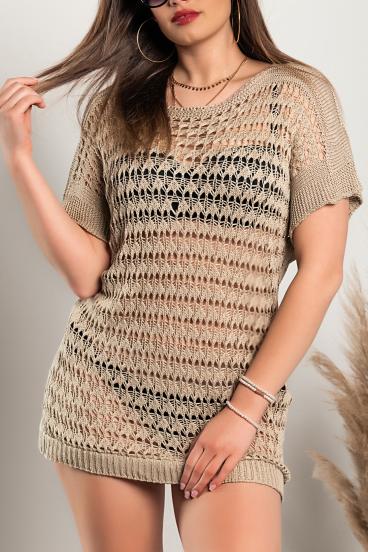 Knitted mini dress with short sleeves, beige