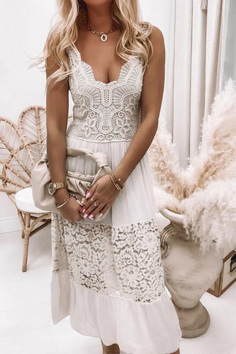 Elegant maxi dress with lace and crochet details, white