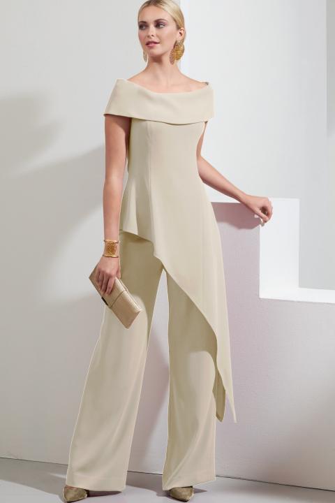 Elegant set of asymmetrical top and pants, beige