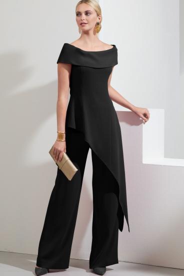 Elegant set of asymmetrical top and pants, black