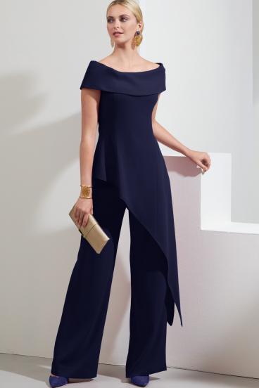 Elegant set of asymmetrical top and pants, dark blue
