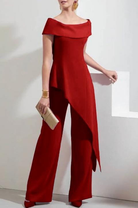 Elegant asymmetric top and pants set, burgundy