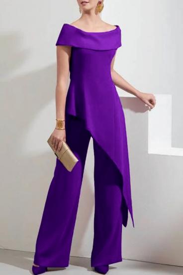 Elegant set of asymmetrical top and pants, purple