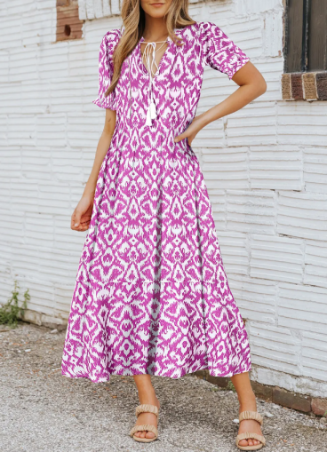 Maxi dress with geometric print, pink