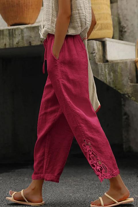 Elegant cotton trousers with lace trim, fuchsia